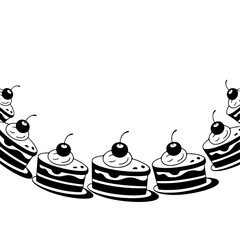 Monochrome Cake Slice Illustration Border with Cherries on White Background