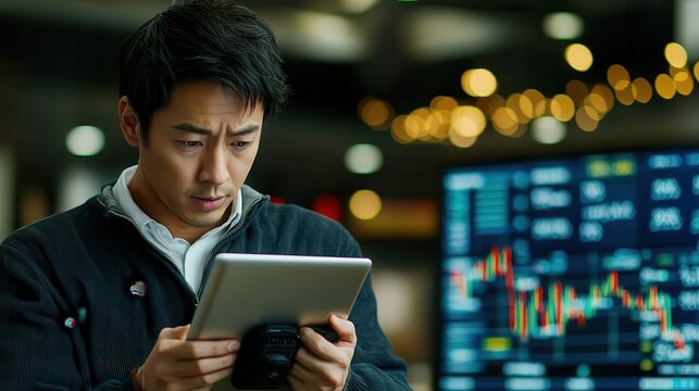 Global economy China stock market impact Focused professional analyzing data on a tablet in a modern workspace.