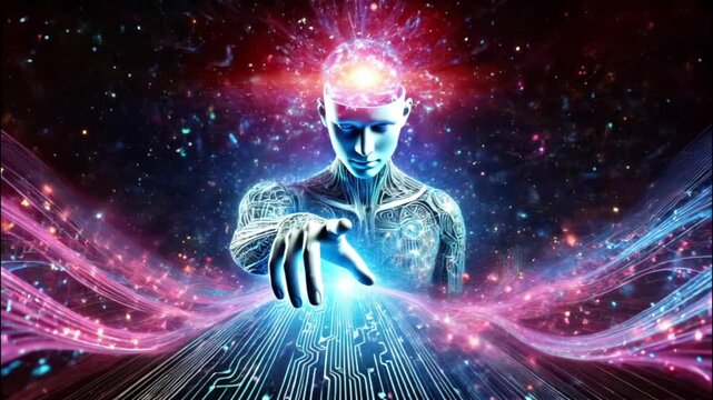 Futuristic humanoid with glowing brain and hand reaching into AI circuit lines, vibrant colors
