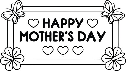 Happy Mothers Day Text with Butterfly, Heart and Flowers in Black on Transparent