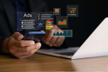 Businessman using social media to advertise products, promote products or services through digital tools. Concept of online advertising, internet advertising, social media.