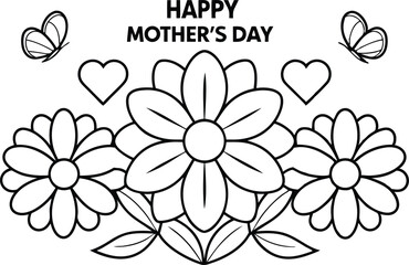 Happy Mothers Day Outline with Flowers, Butterfly, Hearts and Leaves