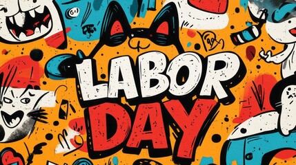 Cartoonish and playful labor day illustration with whimsical characters