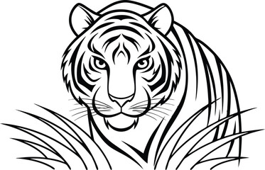 Striking Black and White Tiger Line Art with Detailed Stripes and Grass Design
