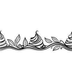 Decorative Hand-Drawn Swirl and Leaf Border Illustration in Black and White