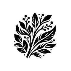 Elegant Black and White Stylized Botanical Motif with Leaves and Berries. Minimalist Graphic Illustration for Design.