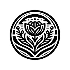 Bold Black and White Stylized Flower Design in Circle - Modern Graphic Emblem