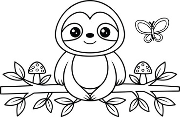Smiling Sloth Sitting on a Branch with Mushrooms and Butterfly in Outline Style
