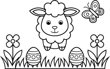 Lamb Outline with Butterfly, Eggs, and Flowers on a White Background