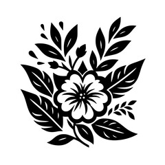 Stylized Black and White Floral Graphic Element with Leaves, Buds and Droplets