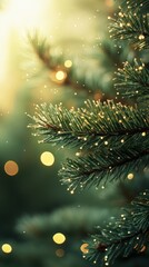 Close-up of a pine tree branch with sparkling lights