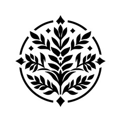Ornate Stylized Botanical Emblem Icon - Black and White Graphic Design Element