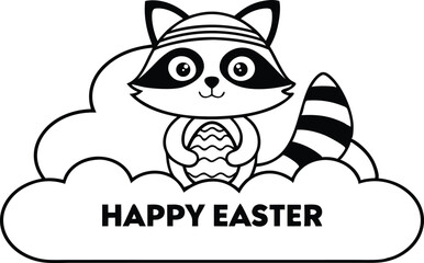 Black And White Raccoon Holding Easter Egg With Cloud Banner and transparent Background