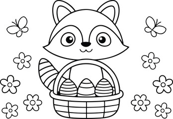 Raccoon holding easter eggs in basket with daisies and butterflies contour outline