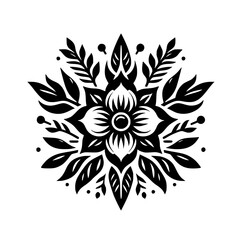 Clean Black and White Symmetrical Floral Illustration - Intricate Botanical Design Element