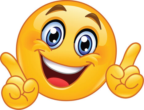 Naklejki Happy Emoji Emoticon Pointing Both Index Fingers Up, Drawing Attention or Dancing to Music