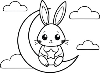 Cartoon Outline Bunny Sitting on Moon Holding Star Amongst Clouds Line Art
