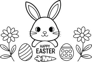 Black and White Easter Bunny with Eggs, Carrot, Daisies on Transparent Background