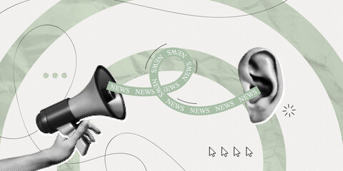 Trendy Halftone Collage Social media news. Hand holding Megaphone and listening ear. Propaganda and fake news. False information spreading. Pop art composition. Contemporary vector illustration art
