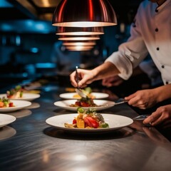 A photorealistic image of a chef’s table in an open kitchen, with chefs plating a vibrant seasonal menu amid dramatic kitchen lighting.