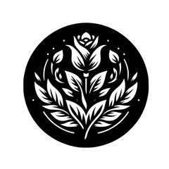 Graphic Floral Circle Icon: Abstract Rose & Leaves, Monochromatic Style