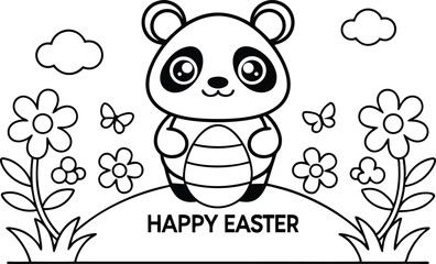 Cute Panda Holding Easter Egg on Hill with Flowers Butterflies Outline Isolated