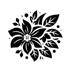 Bold Black and White Stylized Floral Design - Graphic Flower, Leaves, Berries Silhouette Illustration