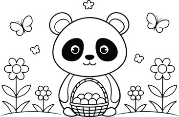 Panda Outline Holding Egg Basket with Flowers and Butterflies on White Background
