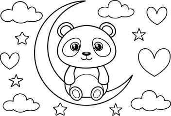 Cartoon Panda Sitting on Moon Surrounded by Stars Clouds and Hearts Outline