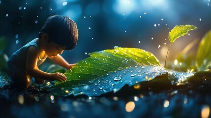 Fototapeta premium Child Interacting with a Large Leaf in a Rainy Environment