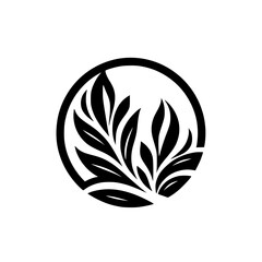 Elegant Minimalist Black Circle Logo with Stylized Organic Leaves Design Element