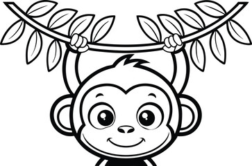 Cartoon Monkey Hanging on Vine, Black and White Illustration, Simple Line Art