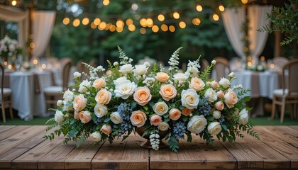 Wedding table with floral arrangement. Peach, white roses greenery on wooden table. Fairy lights, romantic atmosphere. Outdoor wedding reception, celebration, event, love, happy moments.