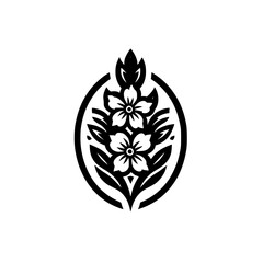 Graphic Floral Design in Oval: Minimalist Black & White Illustration Emblem
