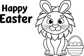 Happy Easter Text with Bunny Sitting Near Basket and Eggs on Transparent Background