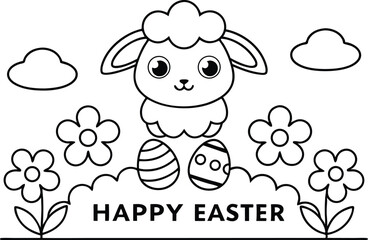 Outline Easter with Lamb, Flowers, Eggs, and Clouds Coloring Page