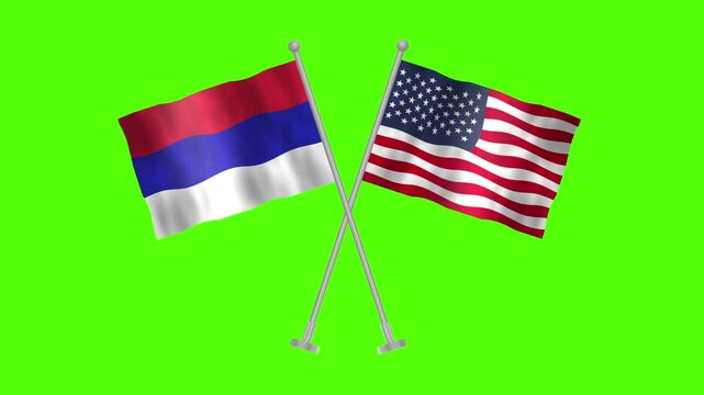 Flag of Republica Srpska and USA, Cross table flag of Republica Srpska and USA on Green screen chroma key, Republica Srpska and USA 3D Animation flag waving in the wind isolated on Green Background. 

