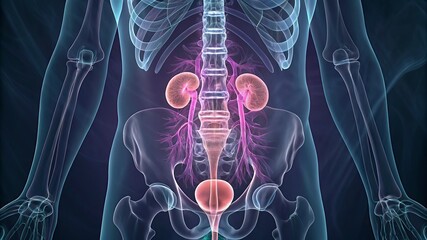 Digital illustration of pelvic girdle in colour  x-ray background 3D illustration of Human Urinary System Anatomy 