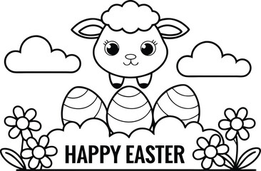 Cute Sheep Over Easter Eggs Clipart, Flowers, Clouds, Happy Easter Text, Line Art
