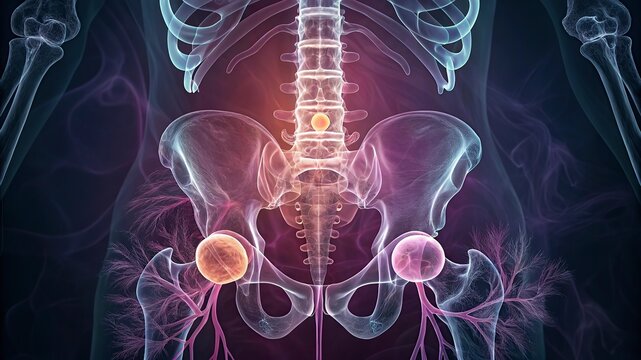 Digital illustration of pelvic girdle in colour  x-ray background 3D illustration of Human Urinary System Anatomy 