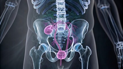 Digital illustration of pelvic girdle in colour  x-ray background 3D illustration of Human Urinary System Anatomy 