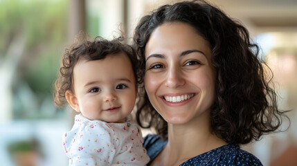 Fototapeta premium Portrait of a caucasian Italian loving mom with a cute baby at home, bonding, togetherness. Beautiful photo, poster for mother’s day. Happy family. Young woman with child, daughter or son.