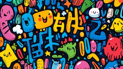Colorful abstract graffiti with cute cartoon characters and chinese words