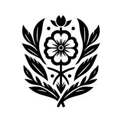 Elegant Symmetrical Floral Crest Emblem Black White Illustration