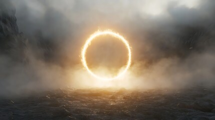 A glowing circular portal surrounded by mist and rocky terrain.