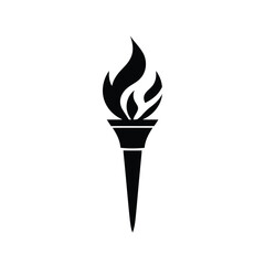 Bold, black silhouette vector logo of a flame torch, isolated in the center of a white background, using geometric shapes and clean lines, symmetrical design, minimalistic style