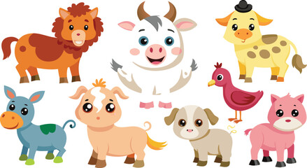 Naklejka premium Cartoon Farm Animals Vector Illustration: Cute Lion, Cow, Donkey, Horse, Chicken, Pig, Puppy Clipart for Kids, Educational Resources