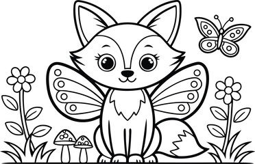 Cute Cartoon Fox with Butterfly Wings Flowers and Mushrooms Line Art Design