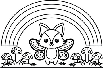 Cute Line Art Fox with Rainbow and Mushrooms on White Background for Coloring Book