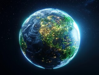 Obraz premium A stunning view of Earth from space, showcasing vibrant landmasses and city lights.